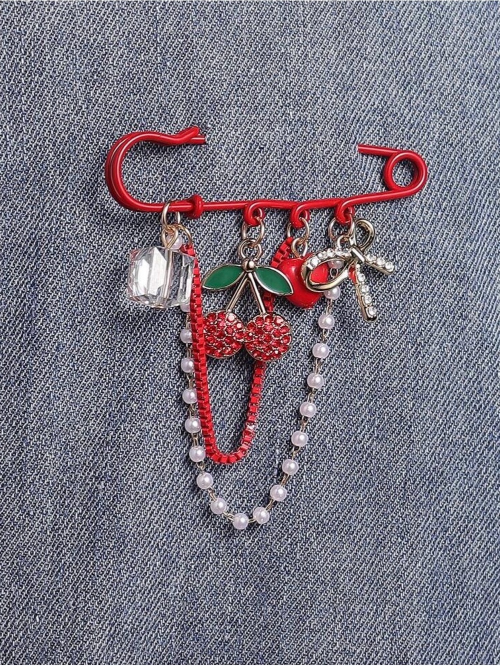 Red Cherry Charm Safety Pin Brooch - Picture 3 of 9